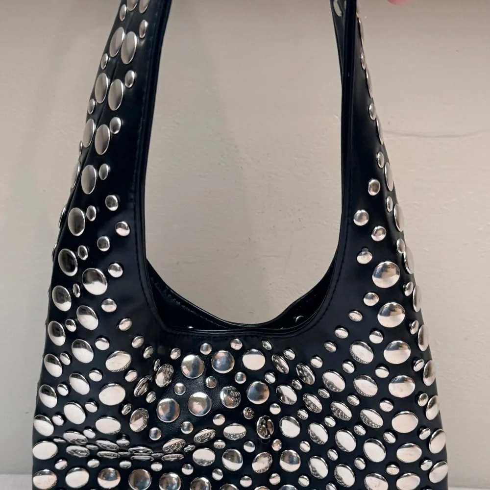 Black Studded Hobo Bag with Silver Accents - Picture 2 of 12